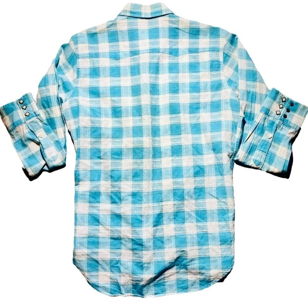 🤠💎 Polo Ralph Lauren Men’s S Western Plaid Shirt Snap Front Turquoise & White 🐎